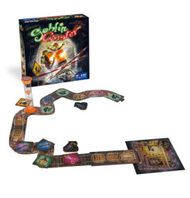 Goblin Coaster Brettspiel mit Schachtel, Timer, Karten und einem geschwungenen, illustrierten Spielpfad.