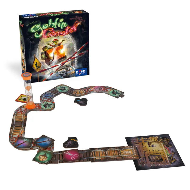 Goblin Coaster Brettspiel mit Schachtel, Timer, Karten und einem geschwungenen, illustrierten Spielpfad.