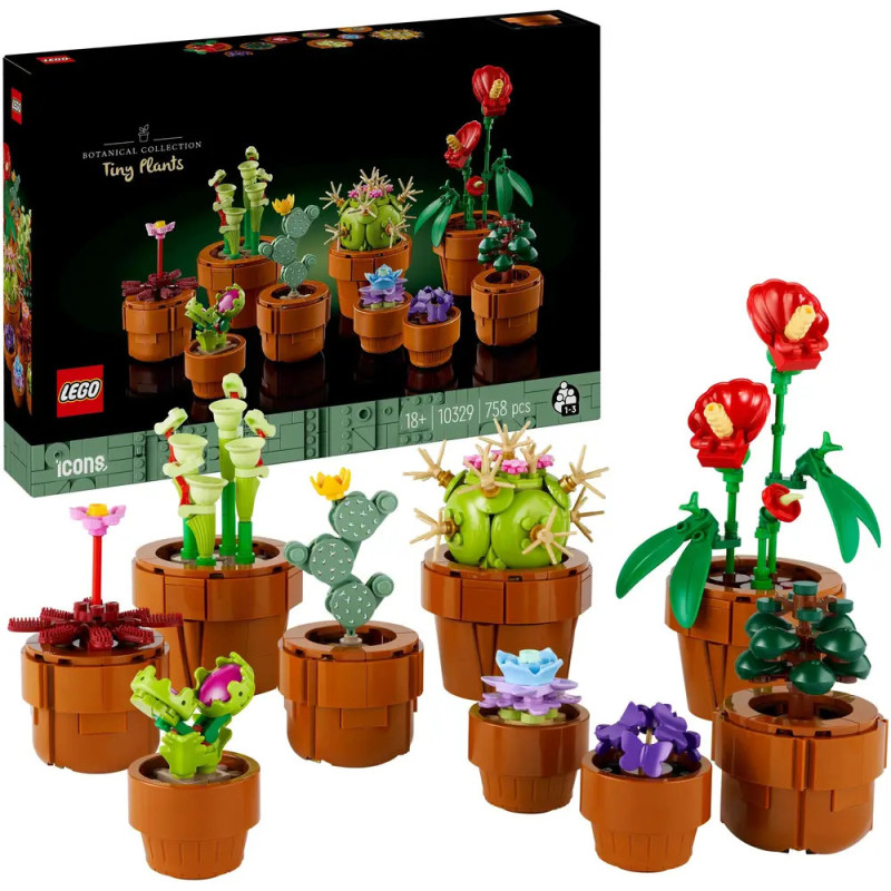 LEGO-Set mit kleinen Pflanzen in Töpfen, im Hintergrund die Verpackung mit den fertigen Modellen. LEGO-Set mit kleinen Pflanzen in Töpfen, im Hintergrund die Verpackung mit den fertigen Modellen.