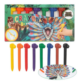 Schachtel mit acht bunten Dino-Kreiden in Dinosaurierform und einer Dinosaurierabbildung auf der Verpackung.