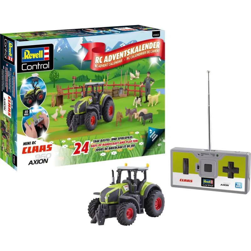 Revell RC Adventskalender mit Spielzeugtraktor, Fernsteuerung und Bauernhoftieren auf der Verpackung.