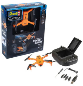 Revell Control Pocket Drone Set: orangefarbene Drohne, schwarzer Controller, Ladegerät, Schraubenzieher und Ersatzrotoren.