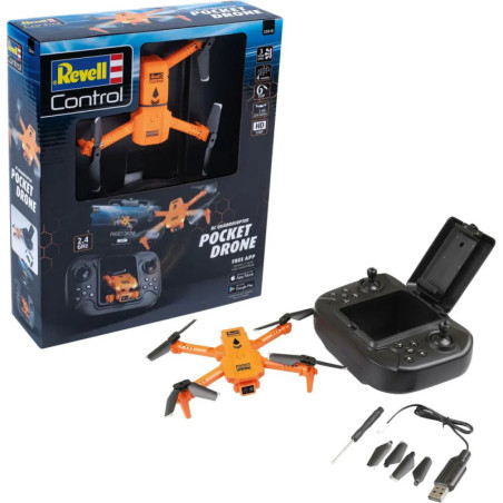 Revell Control Pocket Drone Set: orangefarbene Drohne, schwarzer Controller, Ladegerät, Schraubenzieher und Ersatzrotoren.