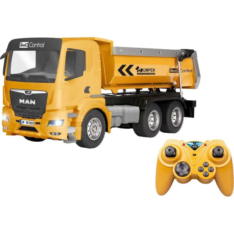 Gelber Spielzeug-Kipplaster mit schwarzen Details neben gelber Fernbedienung mit Joysticks und Knöpfen.
