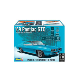 Revell Modellbausatz 69 Pontiac GTO: Auf der Schachtel ein blauer Oldtimer und Straßenschilder.