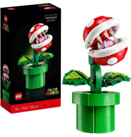 LEGO Super Mario Piranha-Pflanze Set mit Box und zusammengebauter Pflanze im grünen Rohr.