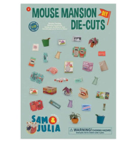 Mouse Mansion DIY-Bastelbogen mit kleinen Haushaltsartikeln als Illustrationen und Warnhinweis am unteren Rand.