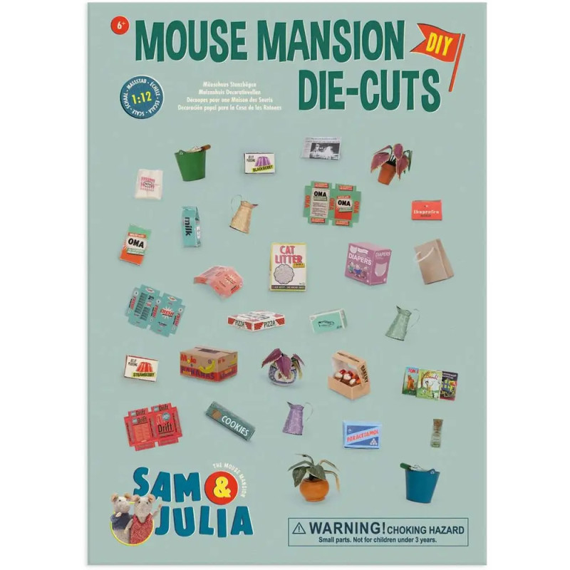 Mouse Mansion DIY-Bastelbogen mit kleinen Haushaltsartikeln als Illustrationen und Warnhinweis am unteren Rand.
