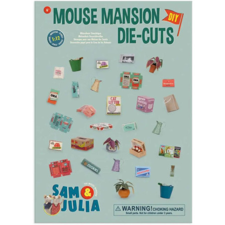 Mouse Mansion DIY-Bastelbogen mit kleinen Haushaltsartikeln als Illustrationen und Warnhinweis am unteren Rand.