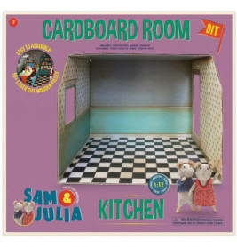 DIY-Pappküchen-Set mit Schachbrettboden, grünen Wänden und zwei Mauspuppen auf der Vorderseite der Verpackung.