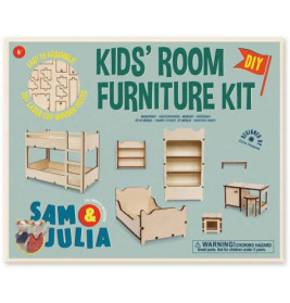 Kinderzimmer DIY-Möbelset mit Abbildungen von Holz-Etagenbett, Regalen, Tisch und Stühlen zum Zusammenbauen.