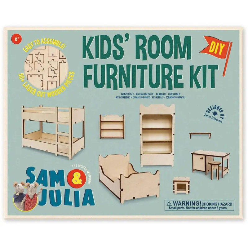 Kinderzimmer DIY-Möbelset mit Abbildungen von Holz-Etagenbett, Regalen, Tisch und Stühlen zum Zusammenbauen.