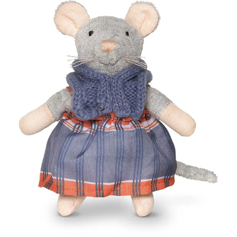 Graues Stoffmaus-Spielzeug mit blau kariertem Kleid und Strickweste, nach vorne gerichtet.