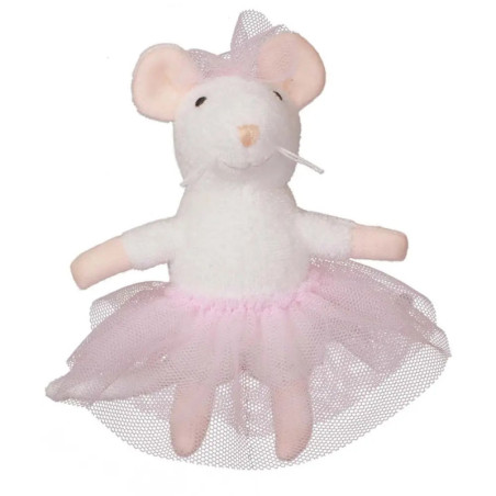 Weißes Stoffmaus-Spielzeug mit rosa Tutu und Stirnband als Ballerina.
