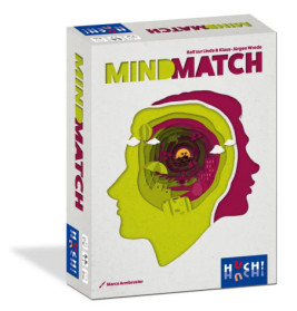 MindMatch-Spielschachtel mit überlappenden neongelben und magentafarbenen Silhouetten von Köpfen.