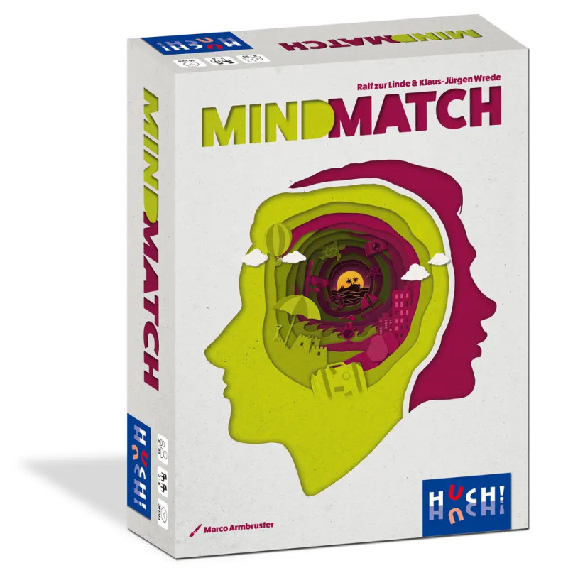 MindMatch-Spielschachtel mit überlappenden neongelben und magentafarbenen Silhouetten von Köpfen. MindMatch-Spielschachtel mit überlappenden neongelben und magentafarbenen Silhouetten von Köpfen.