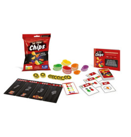 Ein Brettspiel mit bunten Chips, Karten, schwarzen Tafeln und einem roten Beutel mit der Aufschrift ne Tüte Chips.