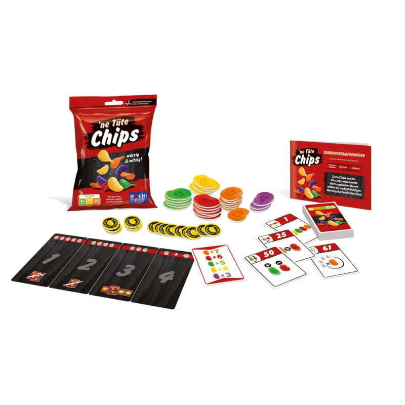 Ein Brettspiel mit bunten Chips, Karten, schwarzen Tafeln und einem roten Beutel mit der Aufschrift ne Tüte Chips.