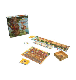 Ein buntes Baumhaus-Brettspiel mit Karten, Spielsteinen, Holztablett und Spielbrett ist aufgebaut.