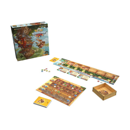 Ein buntes Baumhaus-Brettspiel mit Karten, Spielsteinen, Holztablett und Spielbrett ist aufgebaut. Ein buntes Baumhaus-Brettspiel mit Karten, Spielsteinen, Holztablett und Spielbrett ist aufgebaut.