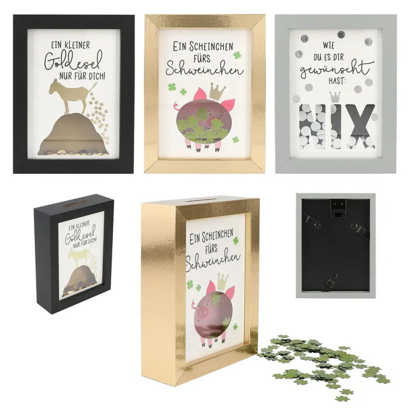 Dekorative deutsche Spardosen mit verspielten Tiermotiven und Inschriften aus verschiedenen Blickwinkeln.