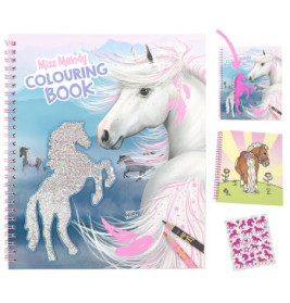 Miss Melody Malbuch mit weißem Pferd, Glitzerpferd, Stiften, Stickerbogen und verziertem Notizbuch.