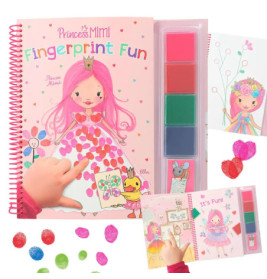 Ein rosa Spiral-Kunstset Princess Mimi Fingerprint Fun mit Farb-Stempelkissen und einer stempelnden Kinderhand.