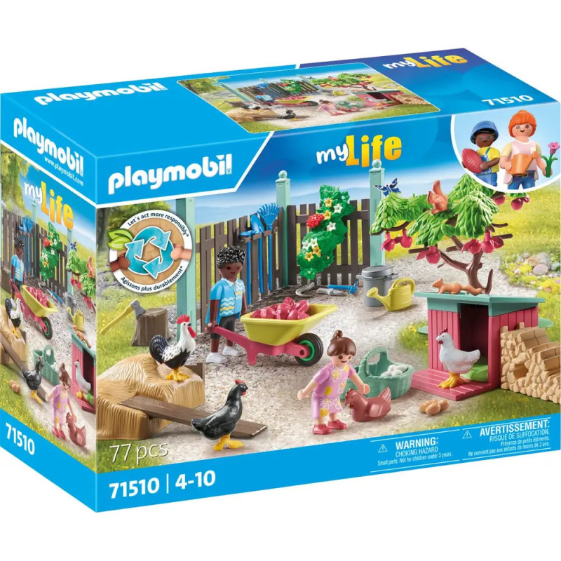 Playmobil My Life Bauernhof-Set: Kinder, Tiere, Schubkarre und Hundehütte in Gartenszene auf der Verpackung.
