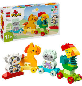 LEGO DUPLO Tierzug mit bunten Tieren: Panda, Giraffe, Schaf und Papagei auf Rädern.