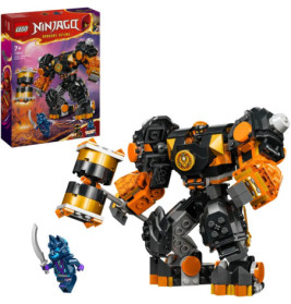 LEGO Ninjago Set mit Mech, Hammer, blauer Maskenfigur und Verpackung mit denselben Charakteren in Aktion.