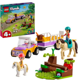 LEGO Friends Pferdeanhänger-Set mit zwei Figuren, Pferden, Auto, Anhänger und Zubehör. Verpackung im Hintergrund.