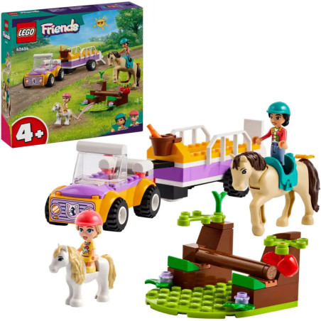 LEGO Friends Pferdeanhänger-Set mit zwei Figuren, Pferden, Auto, Anhänger und Zubehör. Verpackung im Hintergrund. LEGO Friends Pferdeanhänger-Set mit zwei Figuren, Pferden, Auto, Anhänger und Zubehör. Verpackung im Hintergrund.