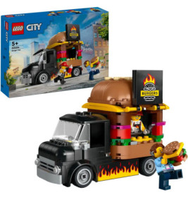 LEGO Burger-Foodtruck-Set mit Minifiguren und Burgern, im Hintergrund ist die Verpackung zu sehen.