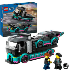 LEGO City Autotransporter mit Rennwagen, zwei Minifiguren und Produktverpackung im Hintergrund.