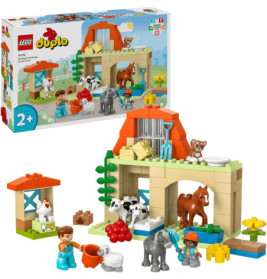 LEGO DUPLO Bauernhof-Spielset mit Tieren, Figuren und Scheune, abgebildet mit Verpackung im Hintergrund.