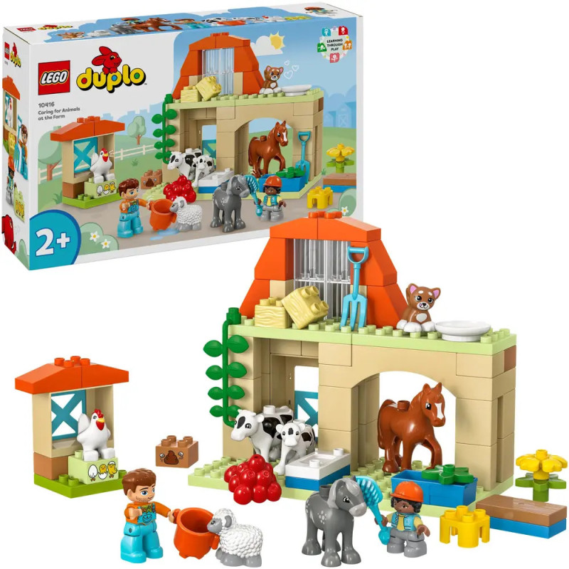 LEGO DUPLO Bauernhof-Spielset mit Tieren, Figuren und Scheune, abgebildet mit Verpackung im Hintergrund. LEGO DUPLO Bauernhof-Spielset mit Tieren, Figuren und Scheune, abgebildet mit Verpackung im Hintergrund.