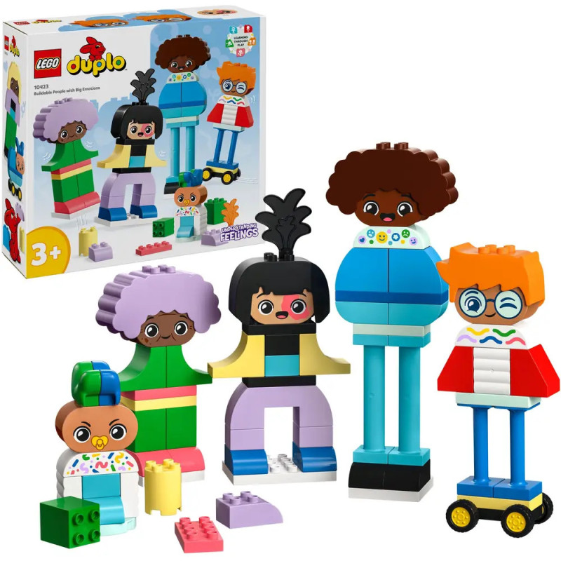 LEGO DUPLO Box mit vier bunten, aus Bausteinen gebauten Figuren mit ausdrucksvollen Gesichtern in verschiedenen Formen.