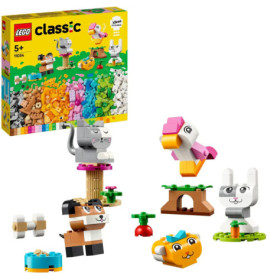 LEGO Classic Set mit bunten Steinen und Tierfiguren wie Katze, Hund, Hase und Vogel.