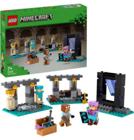 LEGO Minecraft Armory-Set mit Minifiguren, Waffen, Rüstung, Portal und Verpackung im Hintergrund.