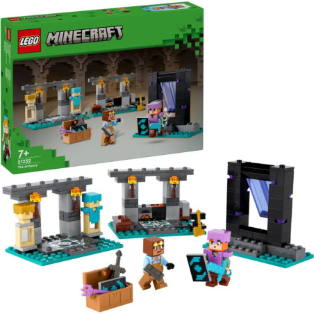 LEGO Minecraft Armory-Set mit Minifiguren, Waffen, Rüstung, Portal und Verpackung im Hintergrund. LEGO Minecraft Armory-Set mit Minifiguren, Waffen, Rüstung, Portal und Verpackung im Hintergrund.