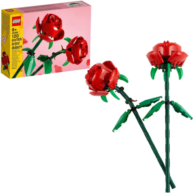 LEGO-Set mit zwei roten Rosen und grünen Stielen, die zusammen mit der Verpackung im Hintergrund abgebildet sind.