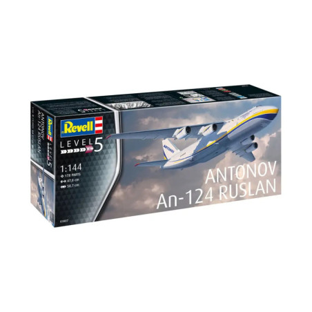 Revell Bausatz Antonov An-124 Ruslan, Maßstab 1:144, Level 5, mit Abbildung des Flugzeugs auf der Verpackung.