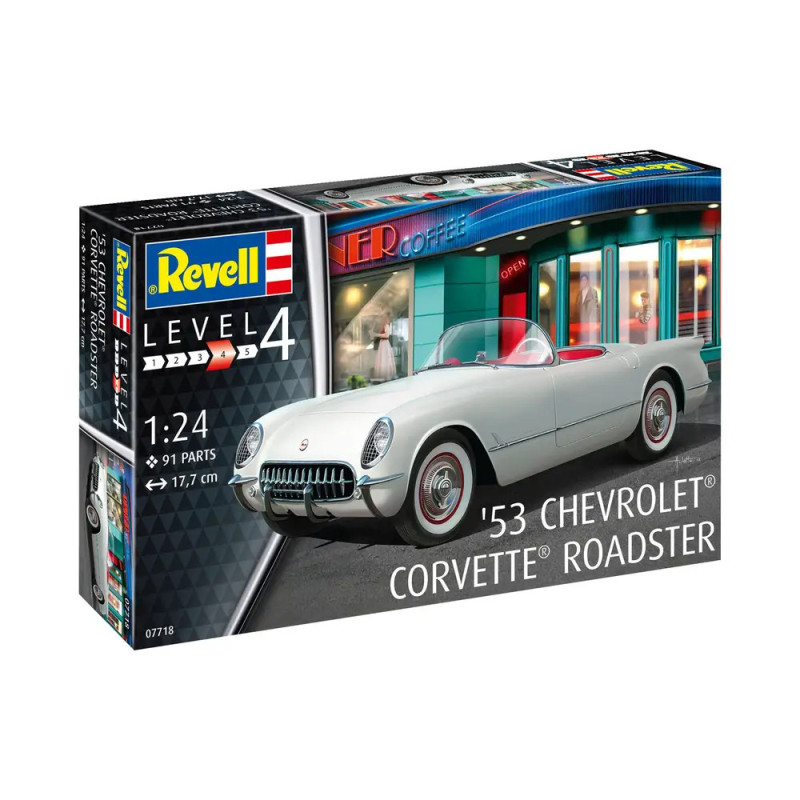 Revell-Bausatz: weißer 1953 Chevrolet Corvette Roadster, Level 4, Maßstab 1:24, 91 Teile.
