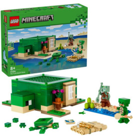 LEGO Minecraft Turtle Beach House Set mit Minifiguren und Zubehör vor der Verpackung ausgestellt.