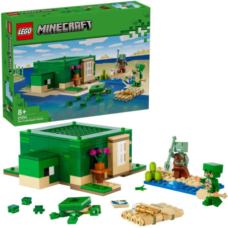 LEGO Minecraft Turtle Beach House Set mit Minifiguren und Zubehör vor der Verpackung ausgestellt.