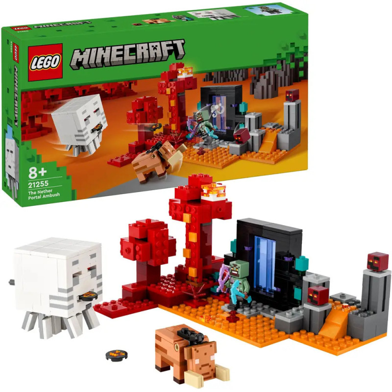 LEGO Minecraft Nether Portal Ambush Set mit Box, Portal, Bäumen, Figuren und Kreaturen ausgestellt. LEGO Minecraft Nether Portal Ambush Set mit Box, Portal, Bäumen, Figuren und Kreaturen ausgestellt.