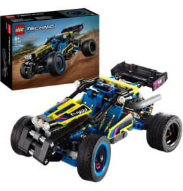 LEGO Technic Box und ferngesteuerter, zusammengebauter Buggy in Blau-Gelb mit großen Reifen.