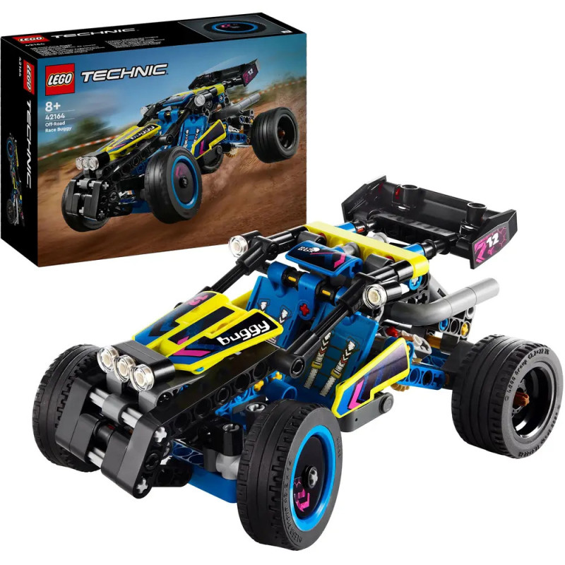LEGO Technic Box und ferngesteuerter, zusammengebauter Buggy in Blau-Gelb mit großen Reifen.