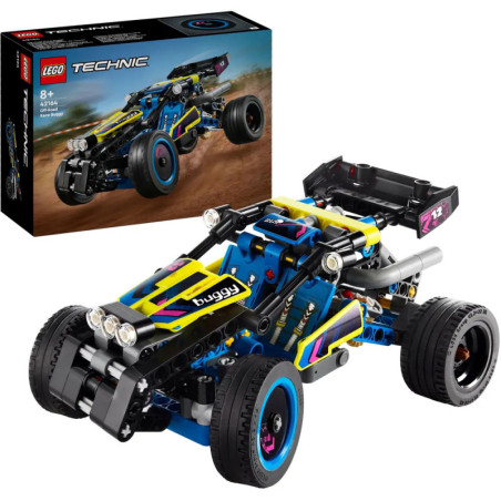 LEGO Technic Box und ferngesteuerter, zusammengebauter Buggy in Blau-Gelb mit großen Reifen.