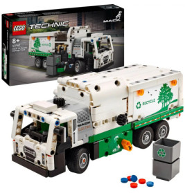 LEGO Technic Müllwagen mit Elektroantrieb, Recyclingtonne, Bausteinen und Box im Hintergrund.